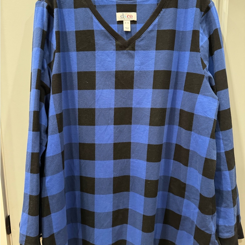 Denim&Co Buffalo Plaid V-Neck Jersey Tunic Size XL.   Blue/Black